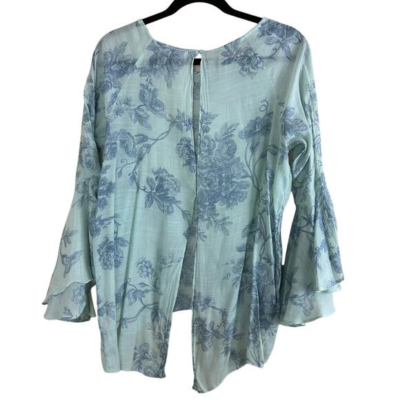Sage Blue Floral Sheer Gauze Fairy Coquette Whimsical Top OpenBack Bell Sleeve L - Picture 2 of 7